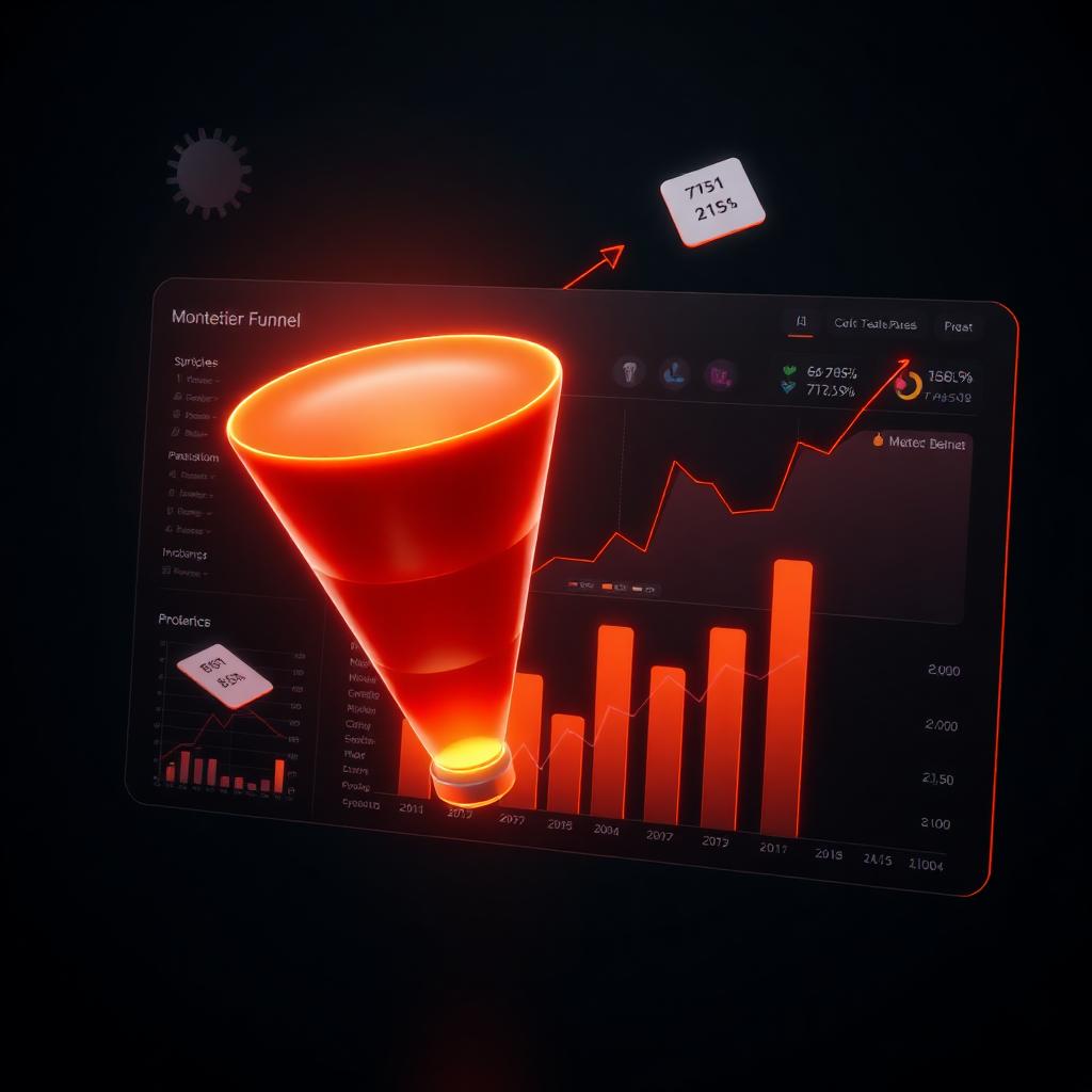 Glowing monetization funnel dashboard with revenue climbing