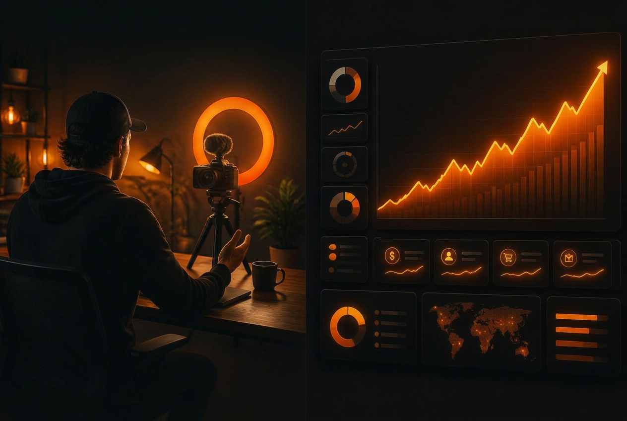 Creator filming content while a monetization dashboard climbs